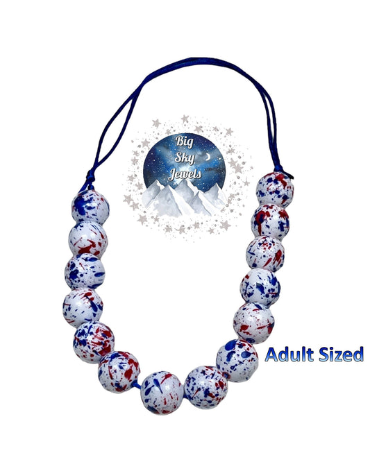 Red White Blue Paint Splatter Chunky Bubblegum Necklace Adult Size Patriotic America USA Ages 3+