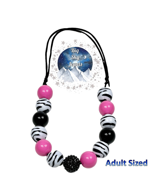 Pink Zebra Chunky Bubblegum Necklace Adult Size Black & White & Pink Zebra Stripes Ages 3+ Summer Spring