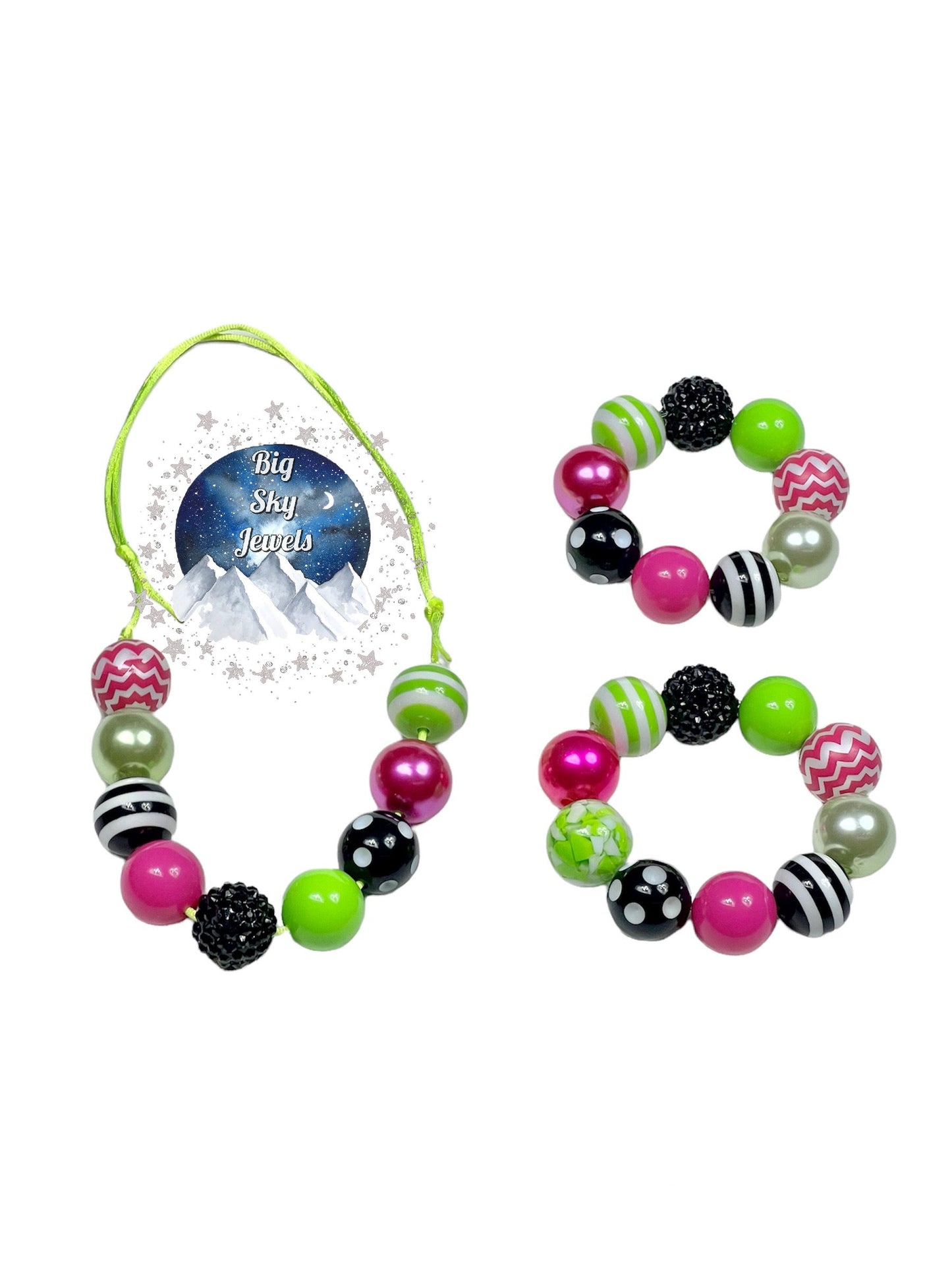 Lime, Black, & Medium Pink Chunky Bubblegum Necklace OR Bracelet Ages 3+ Halloween Multiple Variation Listing