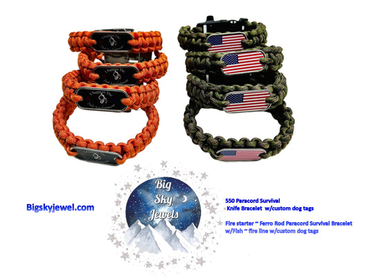 Custom order: 4 Paracord Survival Bracelets w/ knife buckles + 4 Fish/fire line paracord with Ferro rod buckle.  Dog tag customization Ages 18+, Adults only