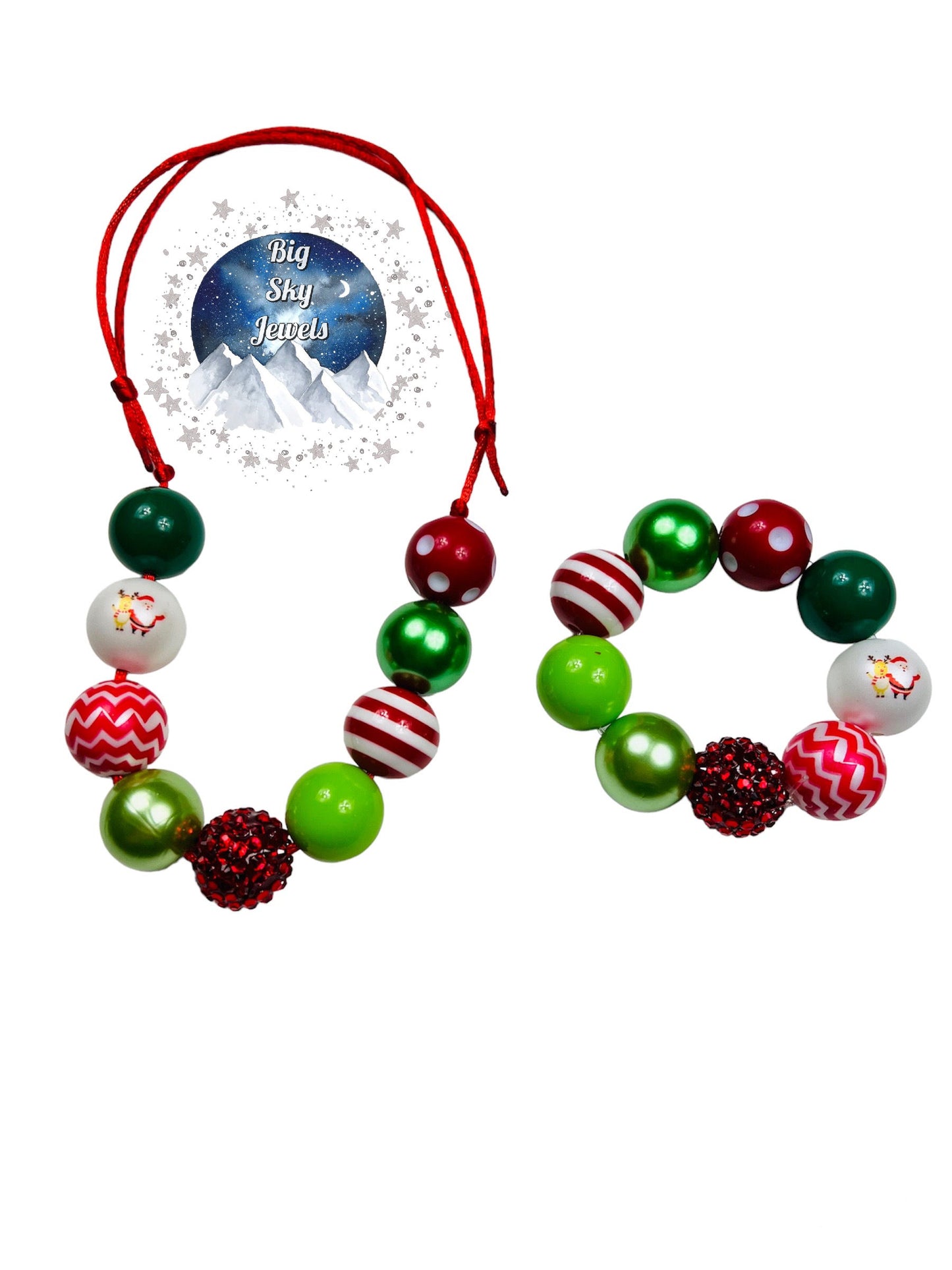 Santa & Reindeer w/Red Rhinestone Chunky Bubblegum Necklace OR Bracelet Red Green Ages 3+ Multiple Variation Listing