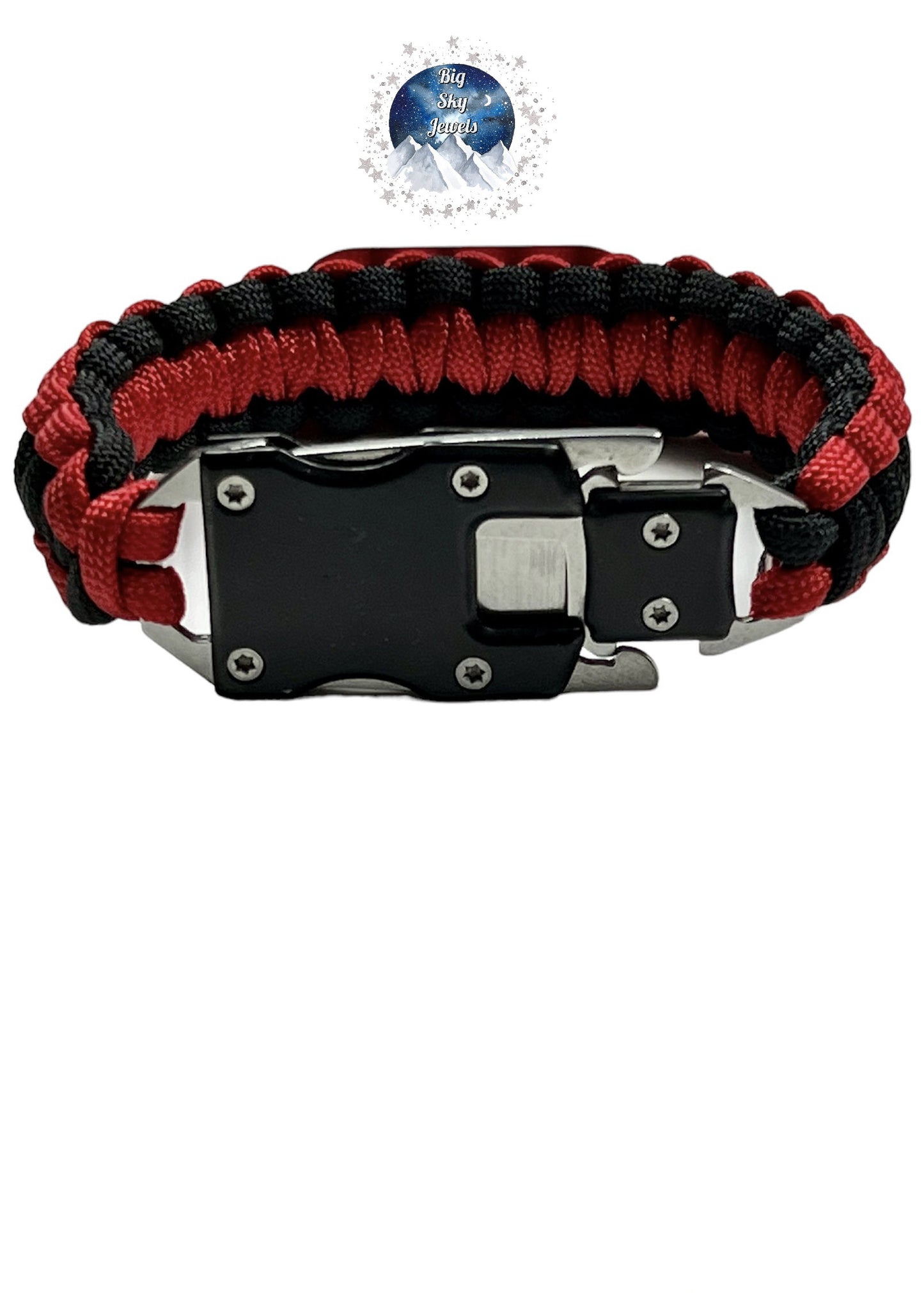 Custom Order For Size: ONE 550 Paracord Survival Bracelet w/ Knife Buckle.  Stainless Steel Black Color Buckle. Red & Black Color Paracord Ages 18+, Adults only