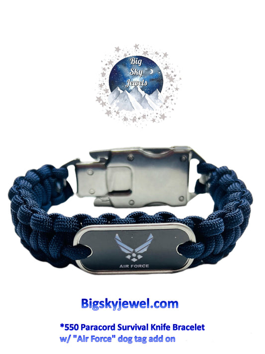 Custom Order For Size: ONE 550 Paracord Survival Bracelet w/ Knife Buckle.  Stainless Steel Silver Color Buckle. Dark Blue Color Paracord Air Force Dog Tag Ages 18+, Adults only