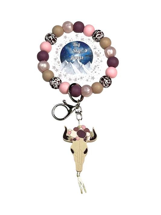 Queen of the West Floral Bull Skull Cowgirl Silicone Wristlet Keychain Pink Pearl, Brown Cow, Dark Cream, Plum, & Rose Quartz Ages 8+ Kids or Ladies Summer Fall Western West Multiple Variation Listing