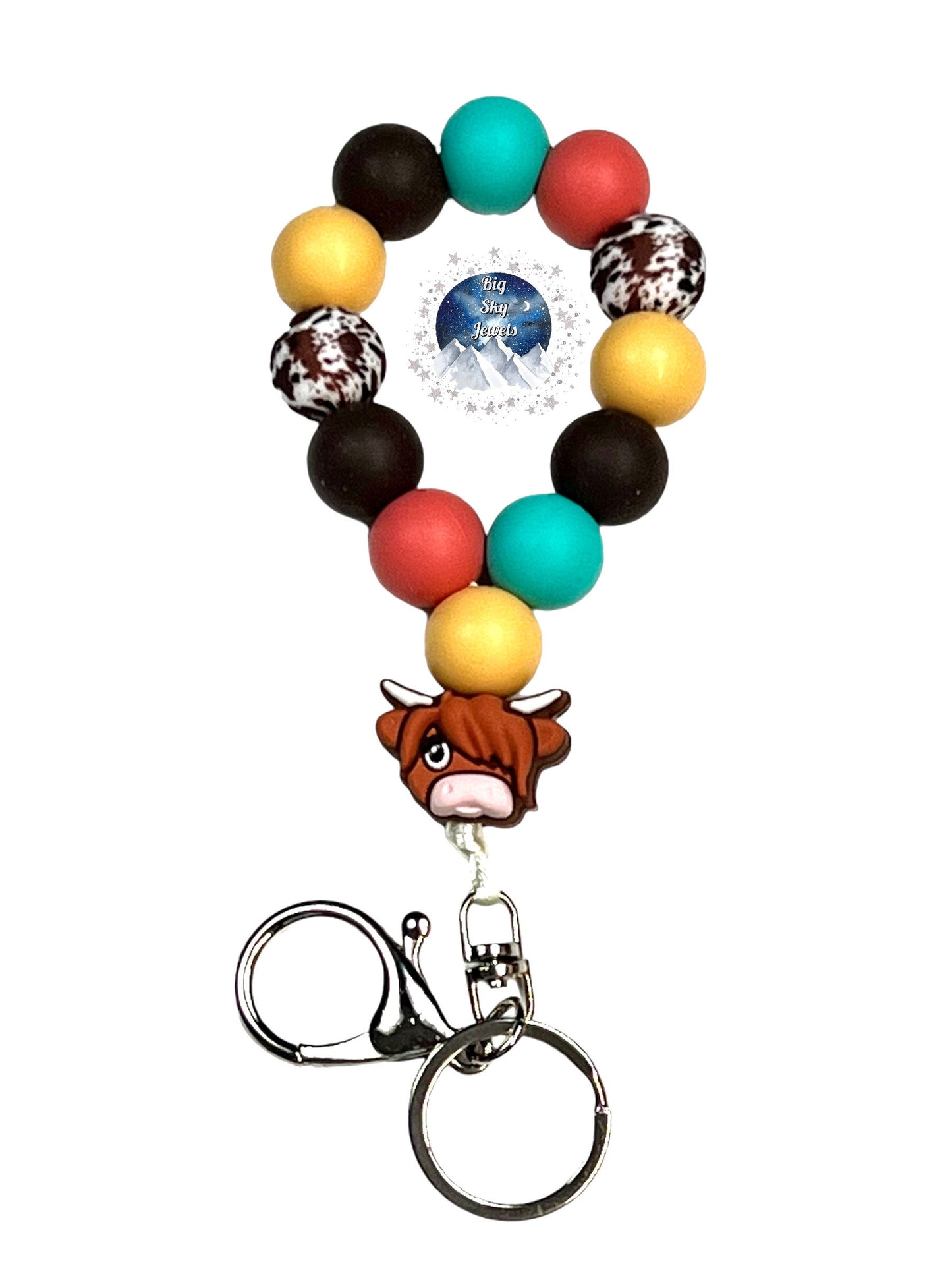 Buttercup the Brown Cow Silicone Teardrop Keychain Turquoise, Dark Coral, Brown Cow, Yellow, & Dark Brown Ages 8+ Kids or Ladies Summer Fall Western West