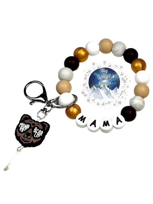 Mama Bear Wristlet Keychain Silicone Dark Brown, Gold, White, Oatmeal, & Marble Ages 8+ Kids or Ladies Summer Fall Western West