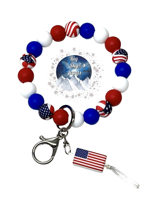 USA Patriotic Wristlet Keychain Silicone America, Red, White, & Blue Ages 8+ Kids or Ladies or Men Multiple Variation Listing