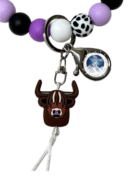 Lavender Nose Long Horn Cow White W/ Black Cow Print Silicone Wristlet Keychain Cow Print Beads, Black, Lavender Mist, Lavender Purple and White. Ages 8+ Kids or Ladies Moms Summer Fall Western West Multiple Variation Listing