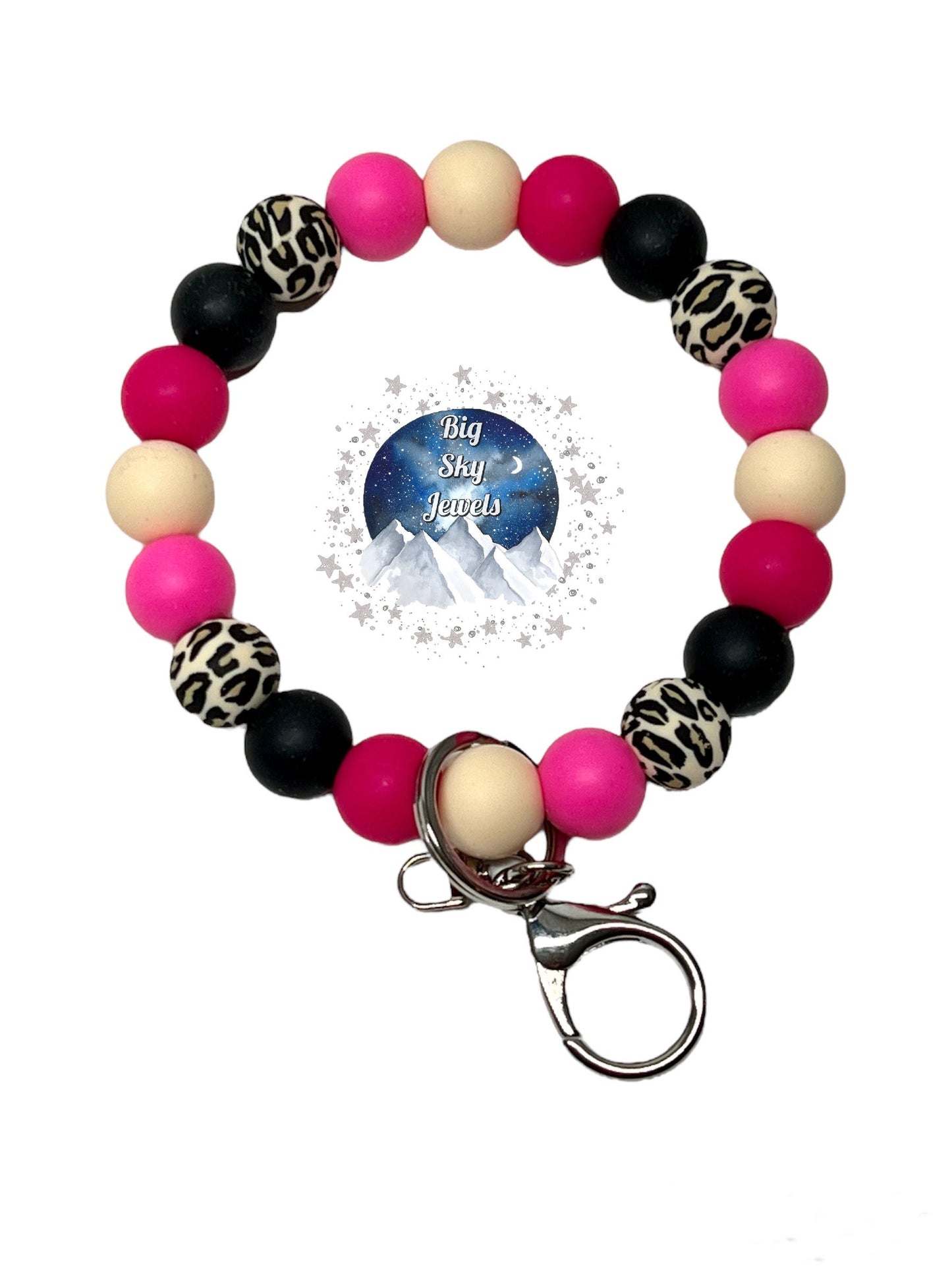 Pink Leopard Silicone Wristlet Keychain NO FOCAL BEAD Leopard Print, Black, Beige, Hot Pink and Pink. Ages 8+ Kids or Ladies Moms