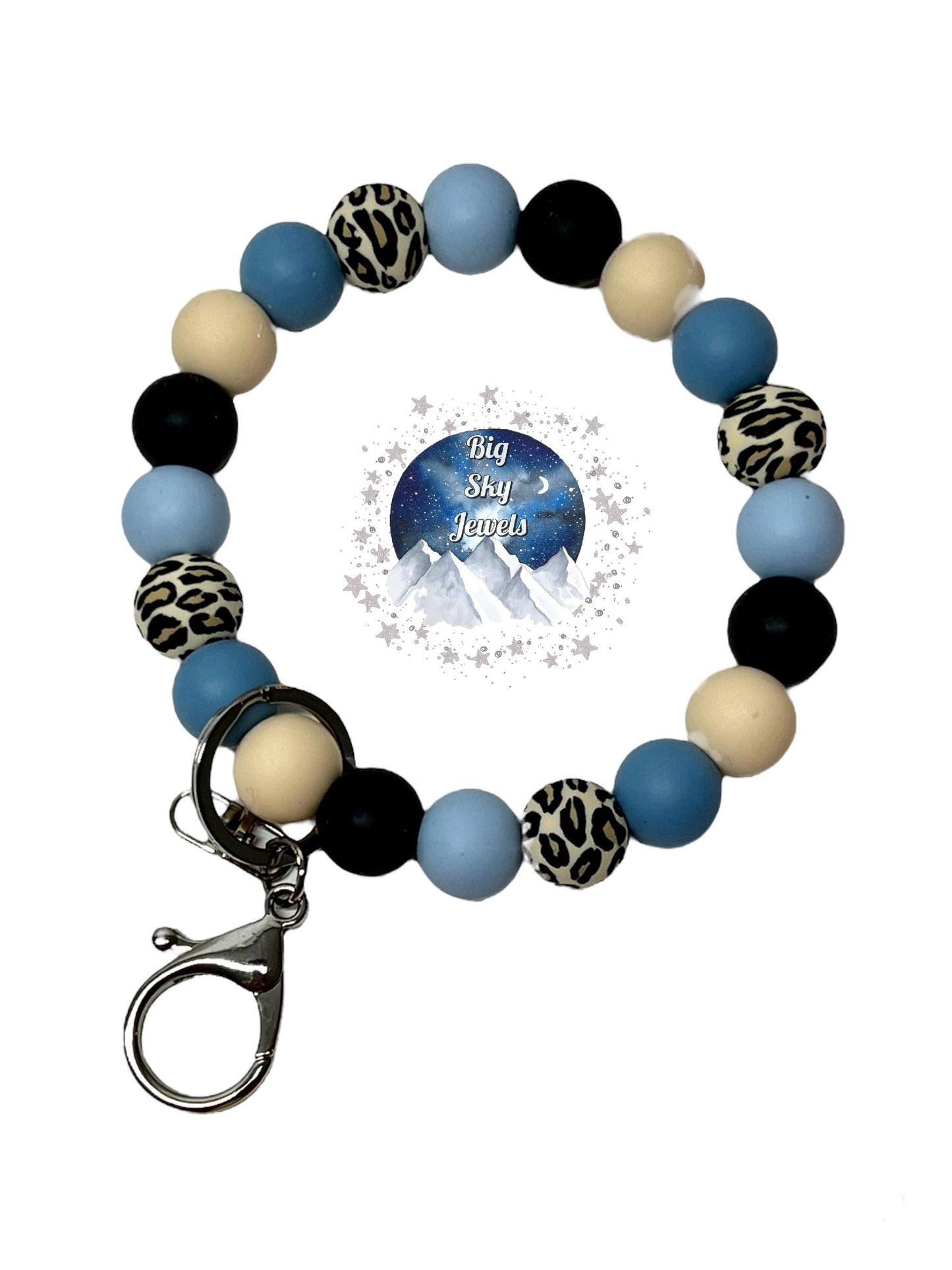 Blue Leopard Silicone Wristlet Keychain NO FOCAL BEAD Leopard Print, Black, Beige, Baby Blue, and Powder Blue. Ages 8+ Kids or Ladies Moms