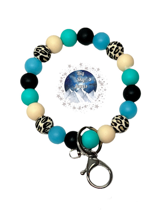 Turquoise Leopard Silicone Wristlet Keychain Leopard NO FOCAL BEAD Print, Black, Beige, Turquoise and Aqua. Ages 8+ Kids or Ladies Moms