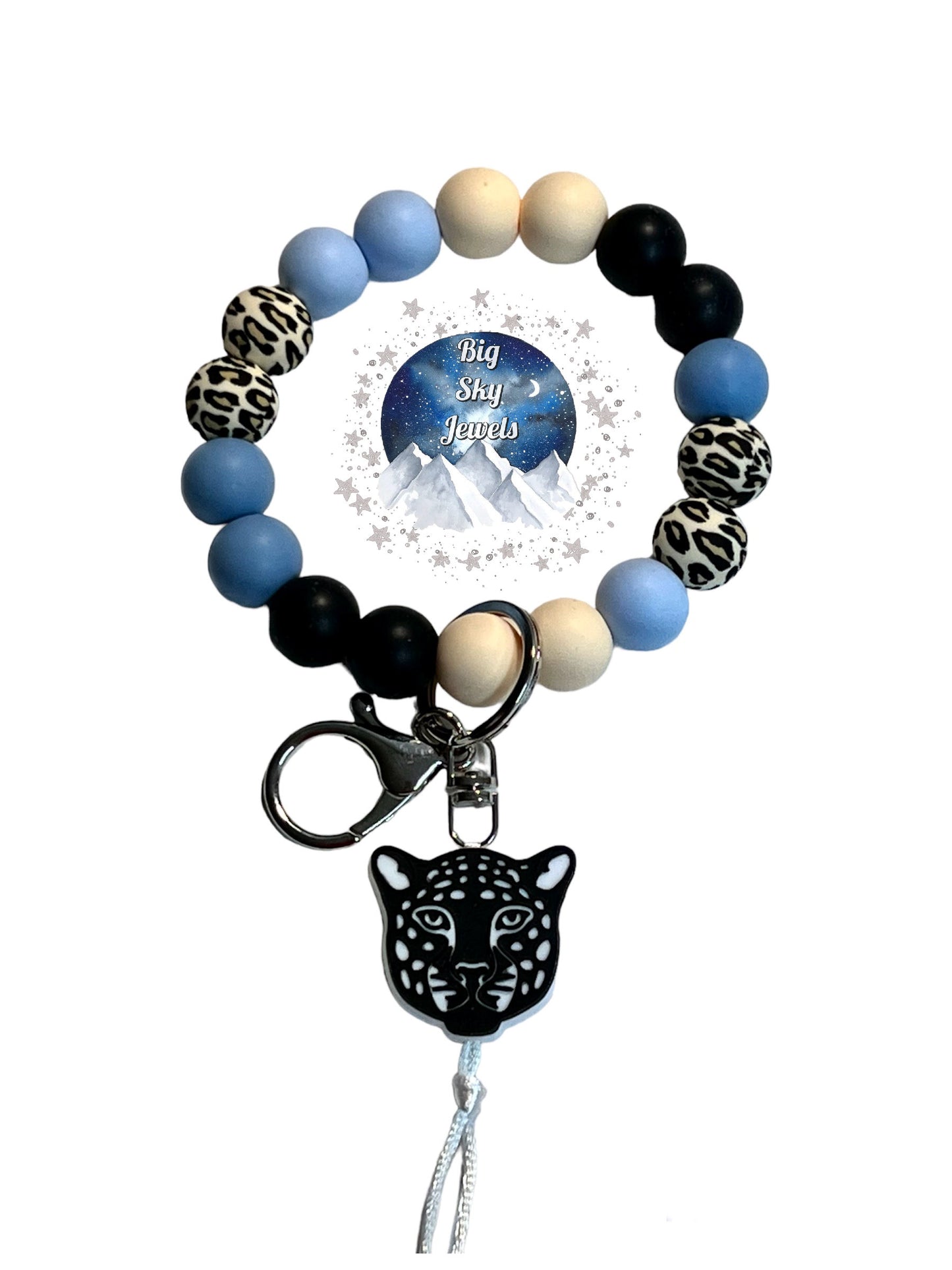 Blue Leopard Silicone Wristlet Keychain WITH Leopard FOCAL BEAD, Leopard Print, Black, Beige, Baby Blue, and Powder Blue. Ages 8+ Kids or Ladies Moms