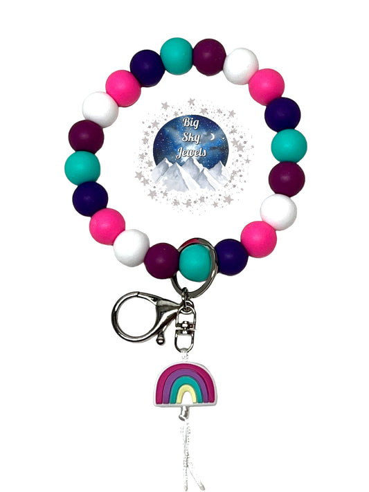 Rainbow Silicone Wristlet Keychain Turquoise, Fuchsia Pink, Pink, Purple, White Ages 8+ Kids, Ladies
