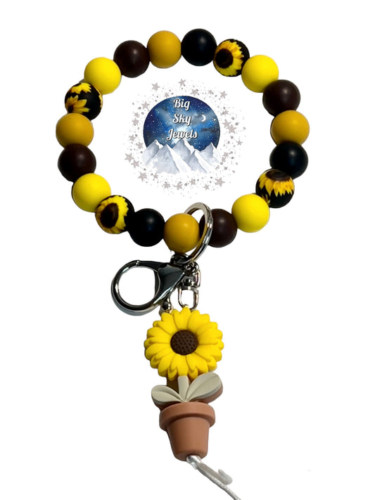 Sunflower Silicone Wristlet Keychain Sunflower Print, Black, Brown, and Yellow Ages 8+ Kids or Ladies Moms